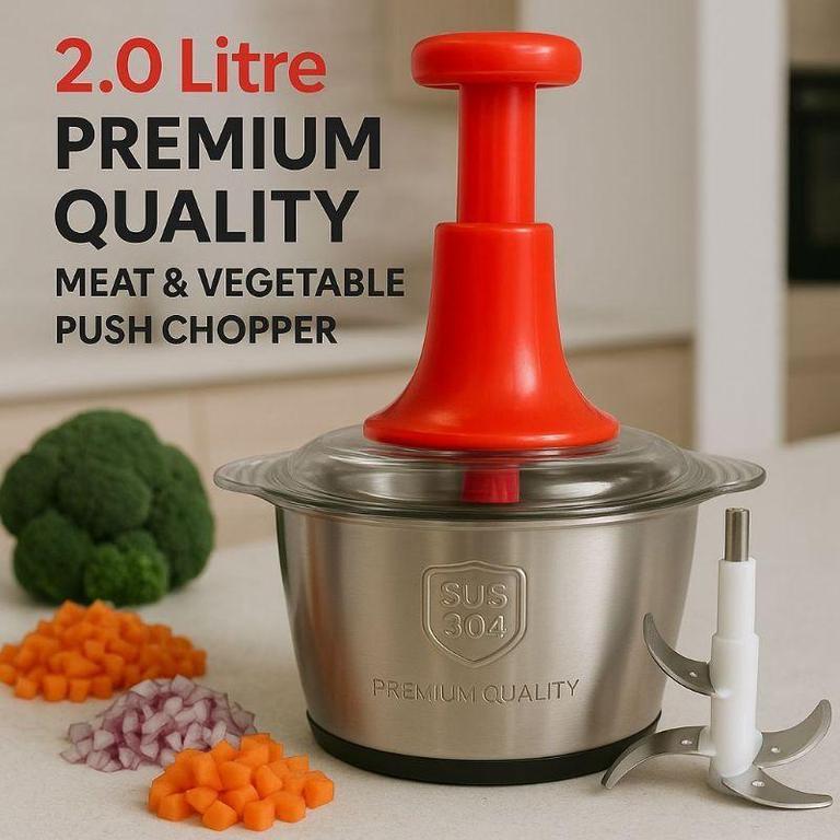 2L Manual Food Chopper – Stainless Steel Blades, Push Chopper for Vegetables & Nuts